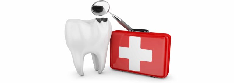 Dental Emergency - image of Tooth, first aid kit, and magnifier.