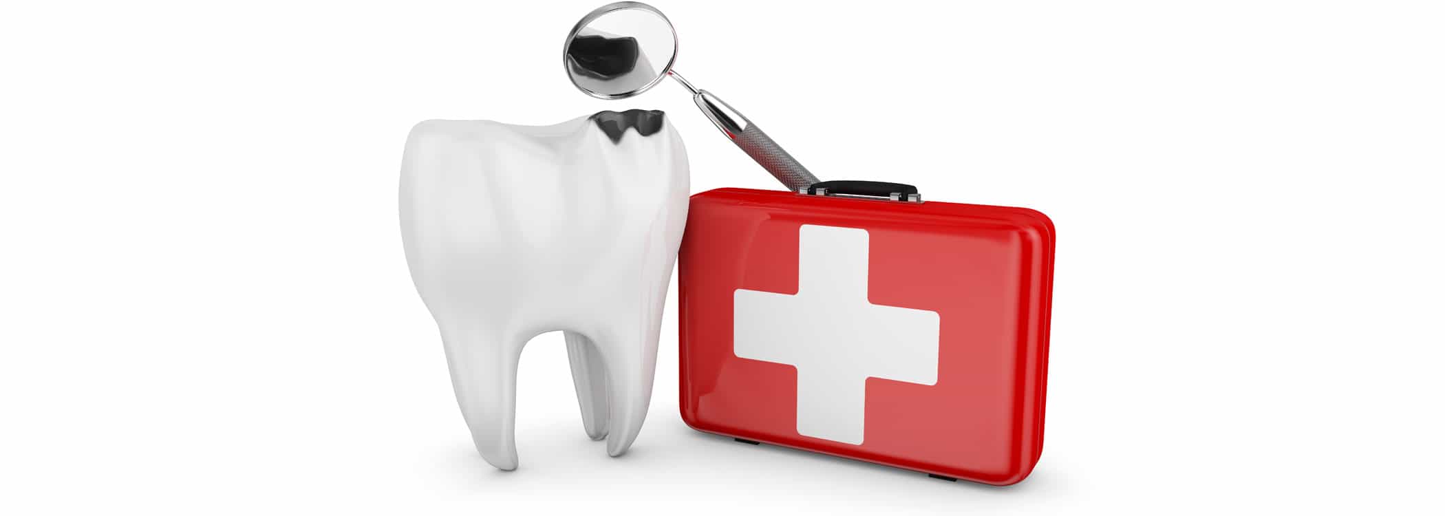 Dental Emergency - image of Tooth, first aid kit, and magnifier.